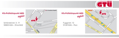 Übersichtskarte beider Standorte der KFZ-Prüfingenieure MEG in Köln